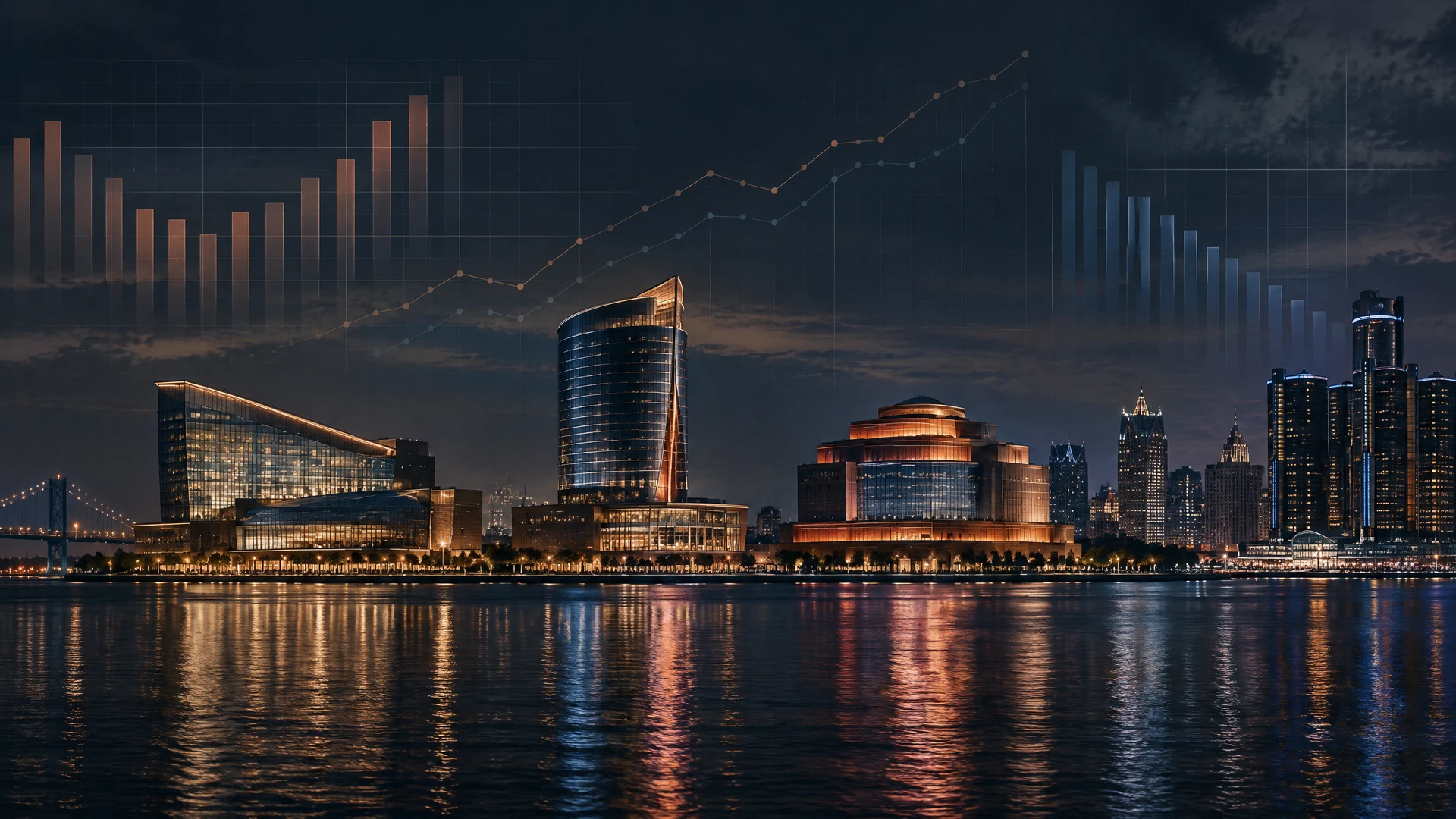 Detroit skyline and casino buildings with restrained financial data overlays