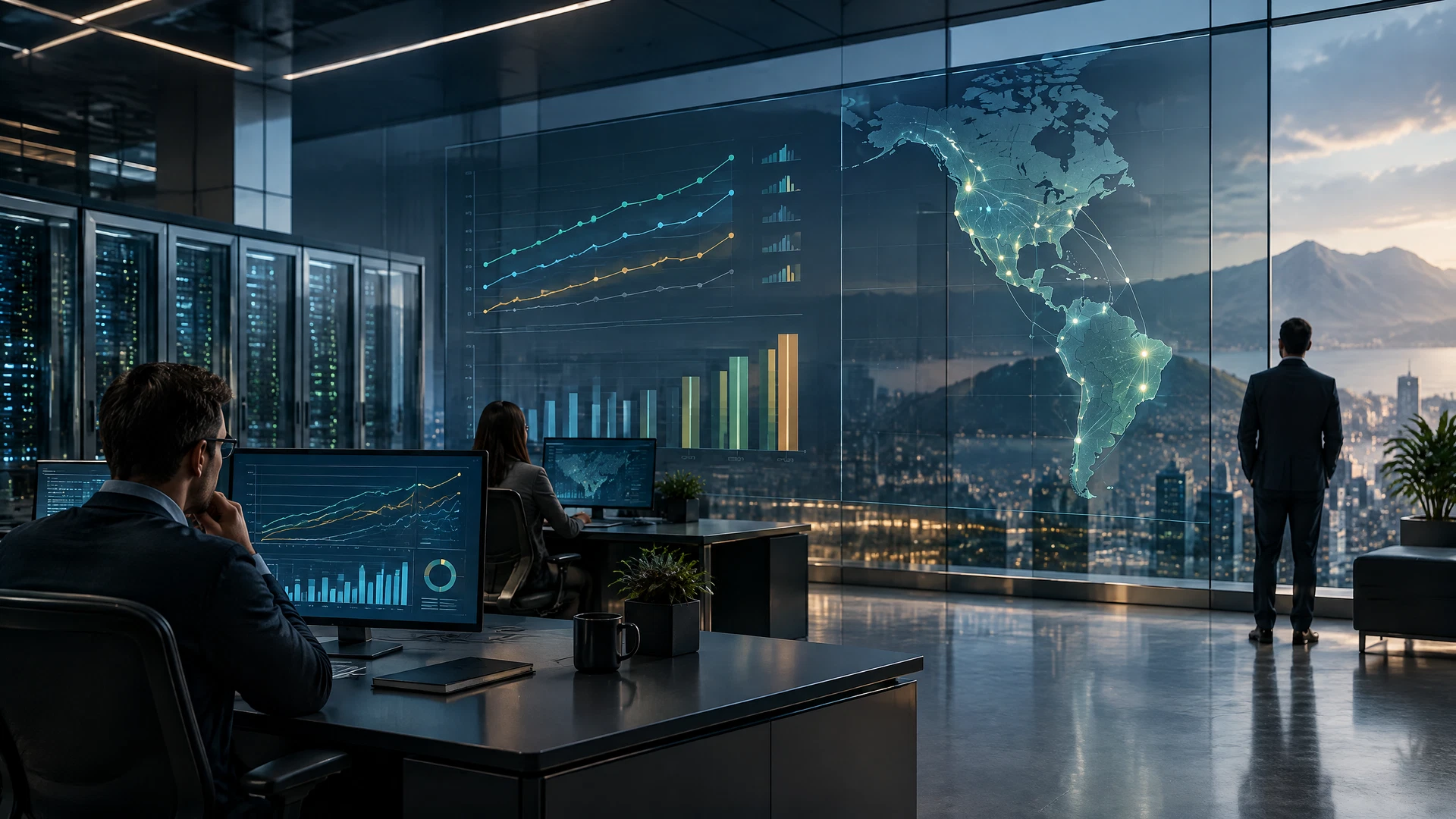 Gaming technology operations room with restrained financial and Americas data overlays