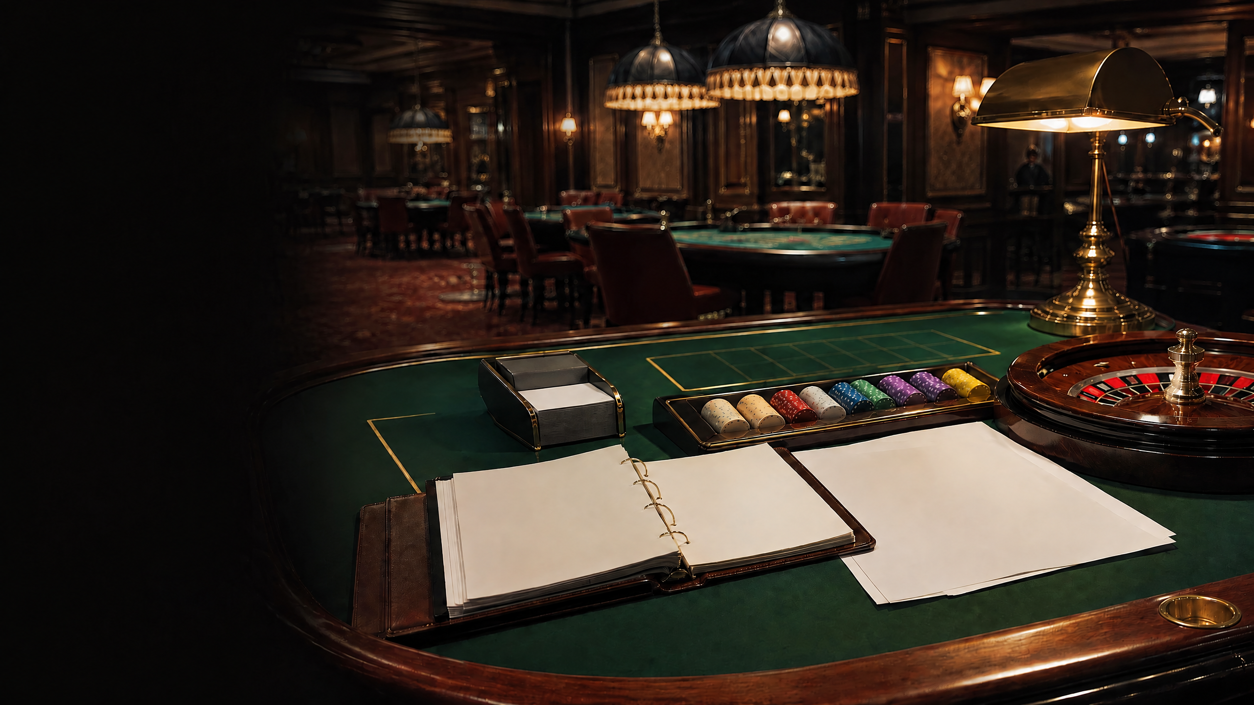 Unoccupied casino table with roulette wheel, dealer shoe, chip rack, regulatory dossier, and casino floor beyond