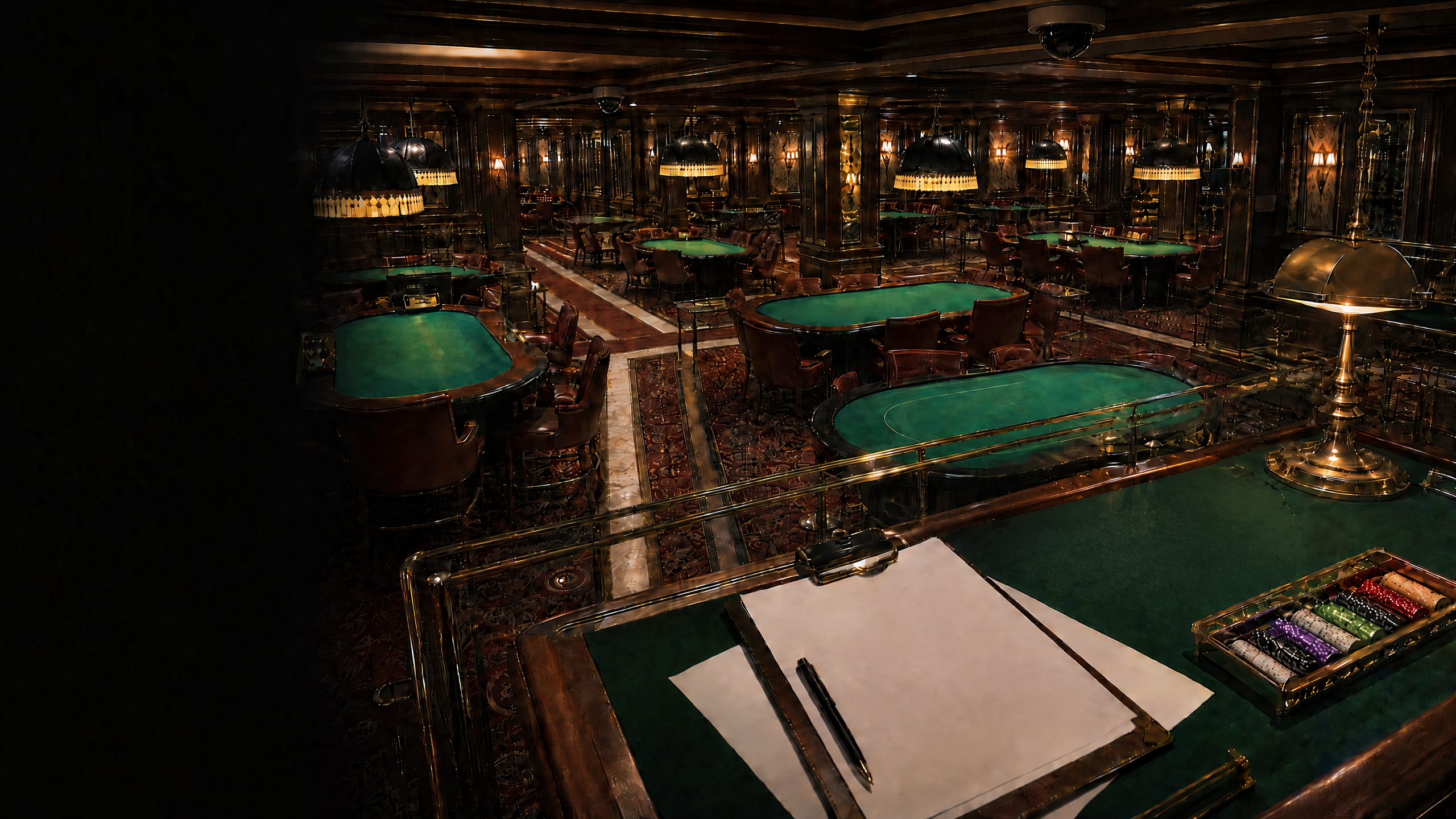 Empty casino pit with table layouts, roulette wheel, surveillance cameras, and an operations floor plan