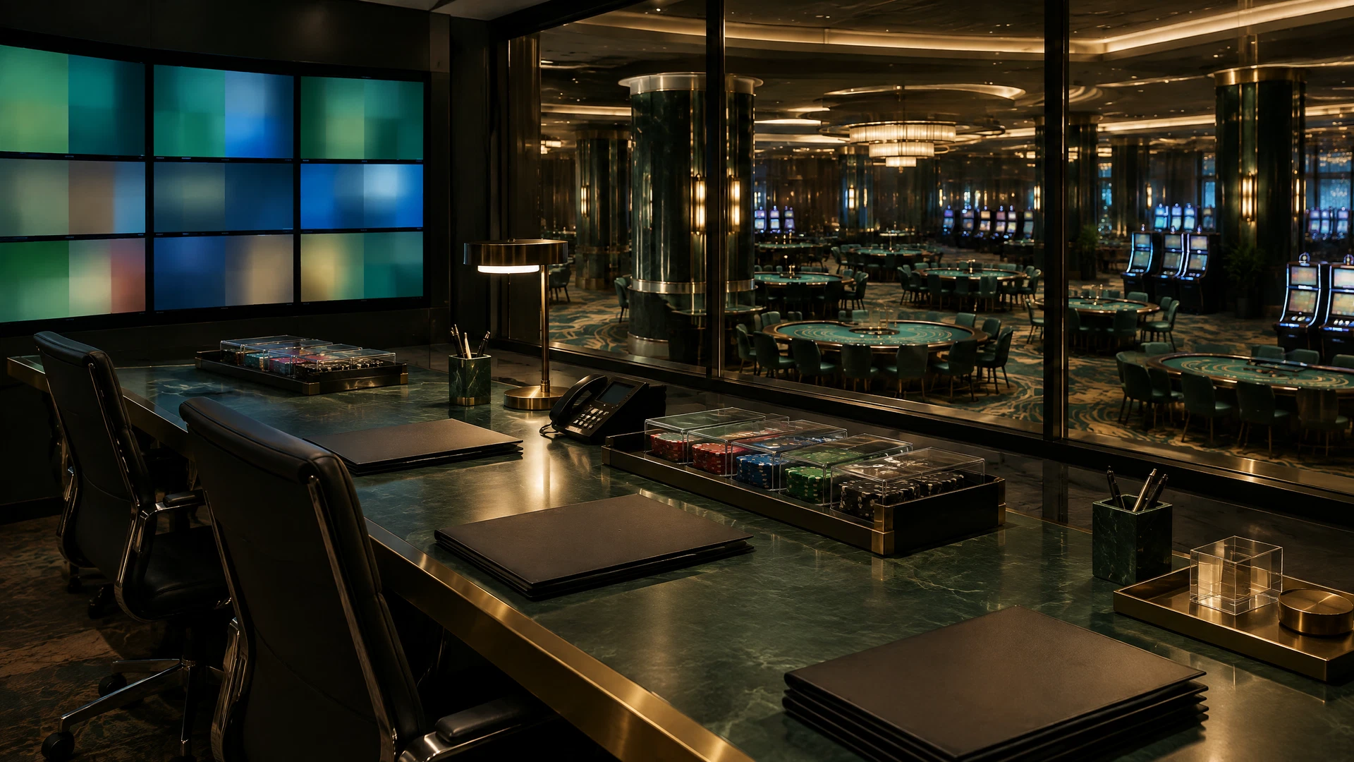 Gaming-control review desk with licensing folders, chip inventory, surveillance images, and a casino beyond