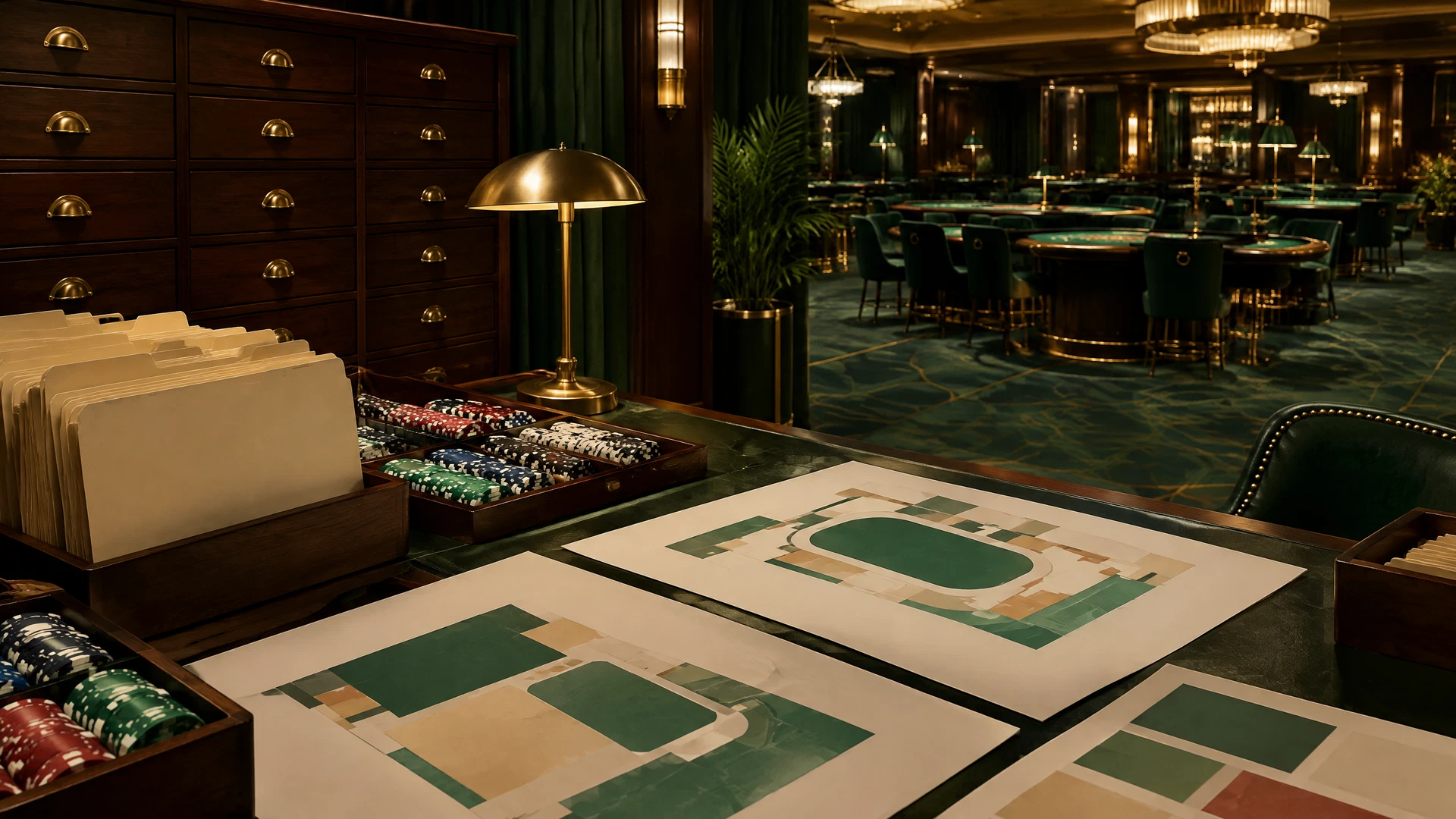 Casino research archive with gaming dossiers, floor maps, chip trays, card evidence boxes, and brass index drawers