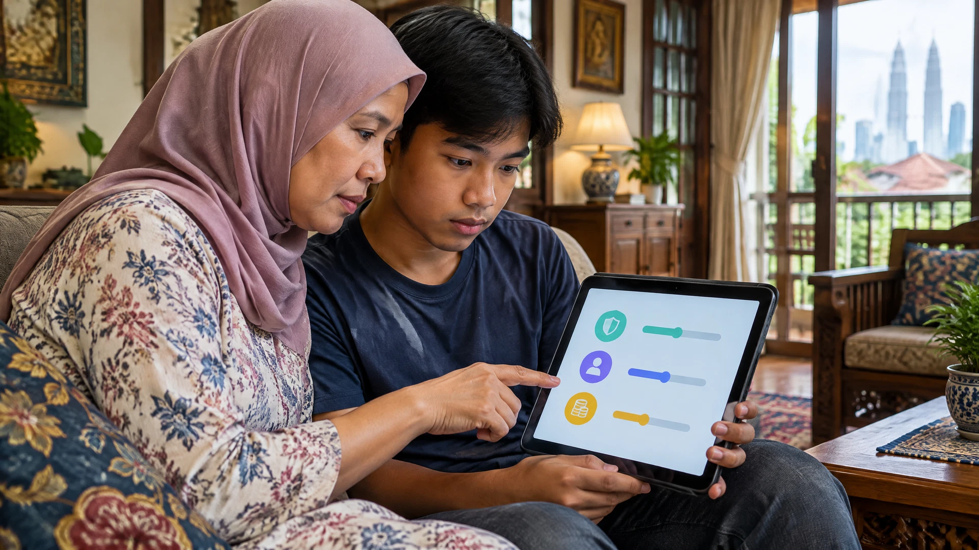 Parent and teenager reviewing digital safety and spending controls in Malaysia