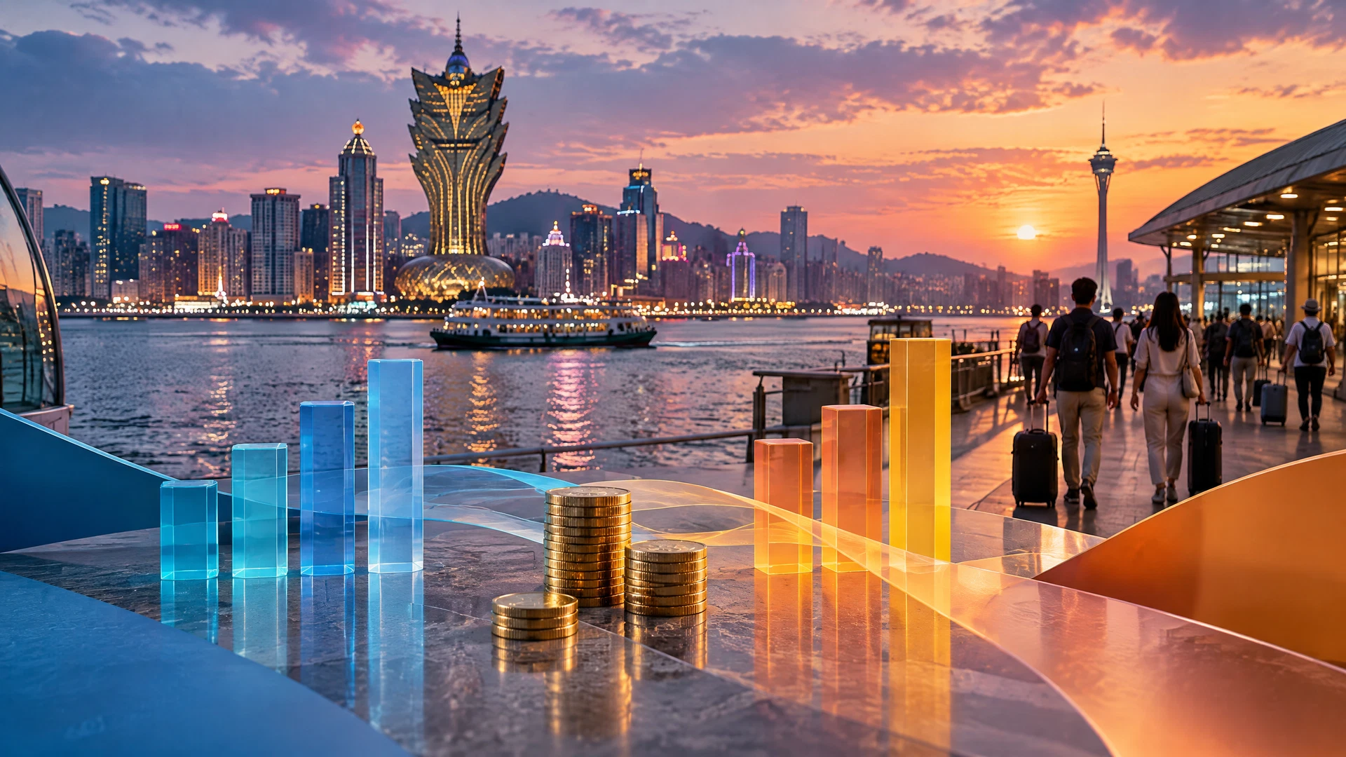 Macau waterfront, arriving travelers, and public-finance data overlays
