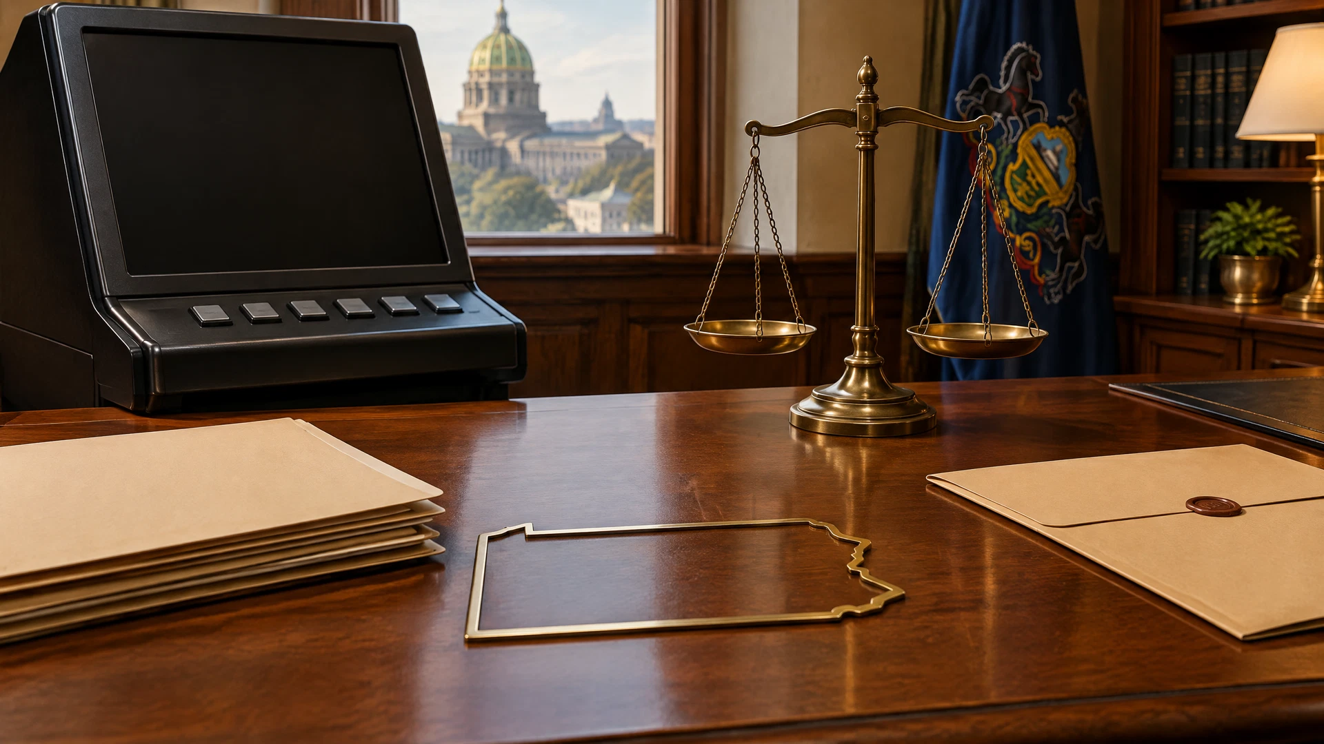 Editorial view of an inactive charitable-gaming terminal beside legal scales and a Pennsylvania map motif