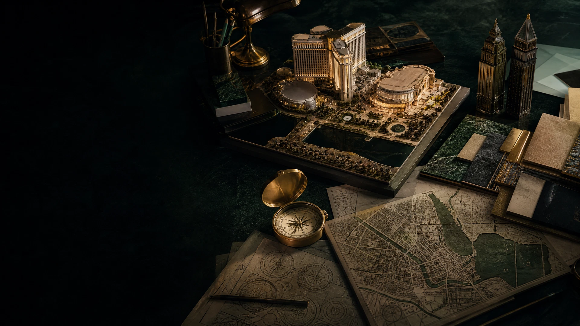 Casino destination study with world map, integrated-resort models, roulette-wheel compass, and skyline