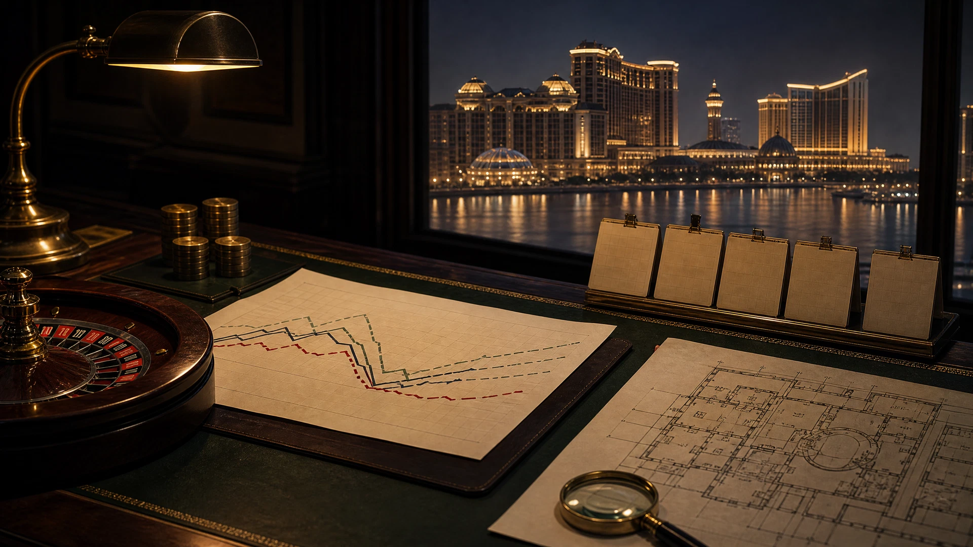 Macau casino-resort forecast desk with waterfront skyline, roulette detail, calendar, and trend notes